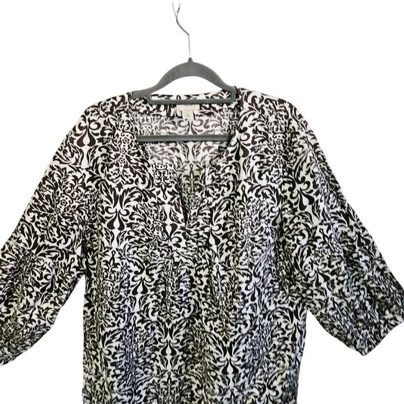 Yvos Women's Size XL Flowy Peasant Blouse Cream Brown Baroque Linen Blend Boho - Picture 2 of 6